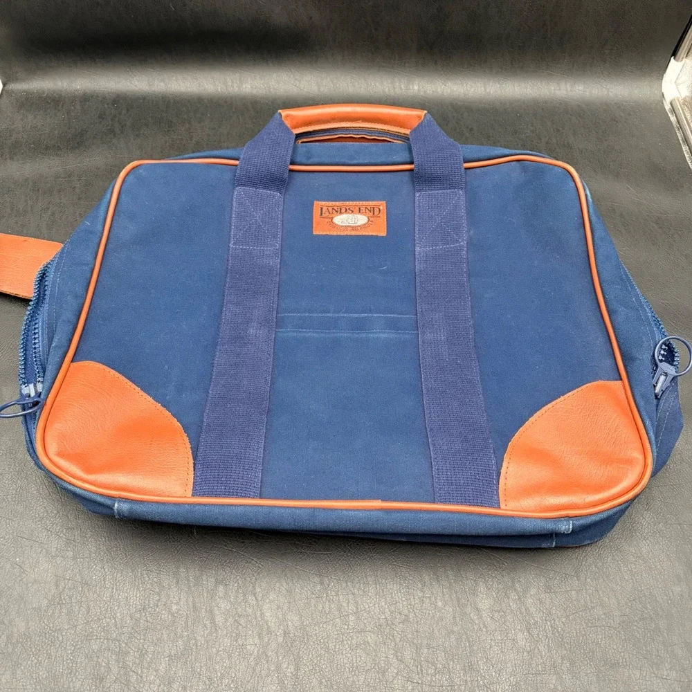 Lands End Deluxe Square Rigger Briefcase Navy Canvas Leather Trim Laptop Bag JVC
